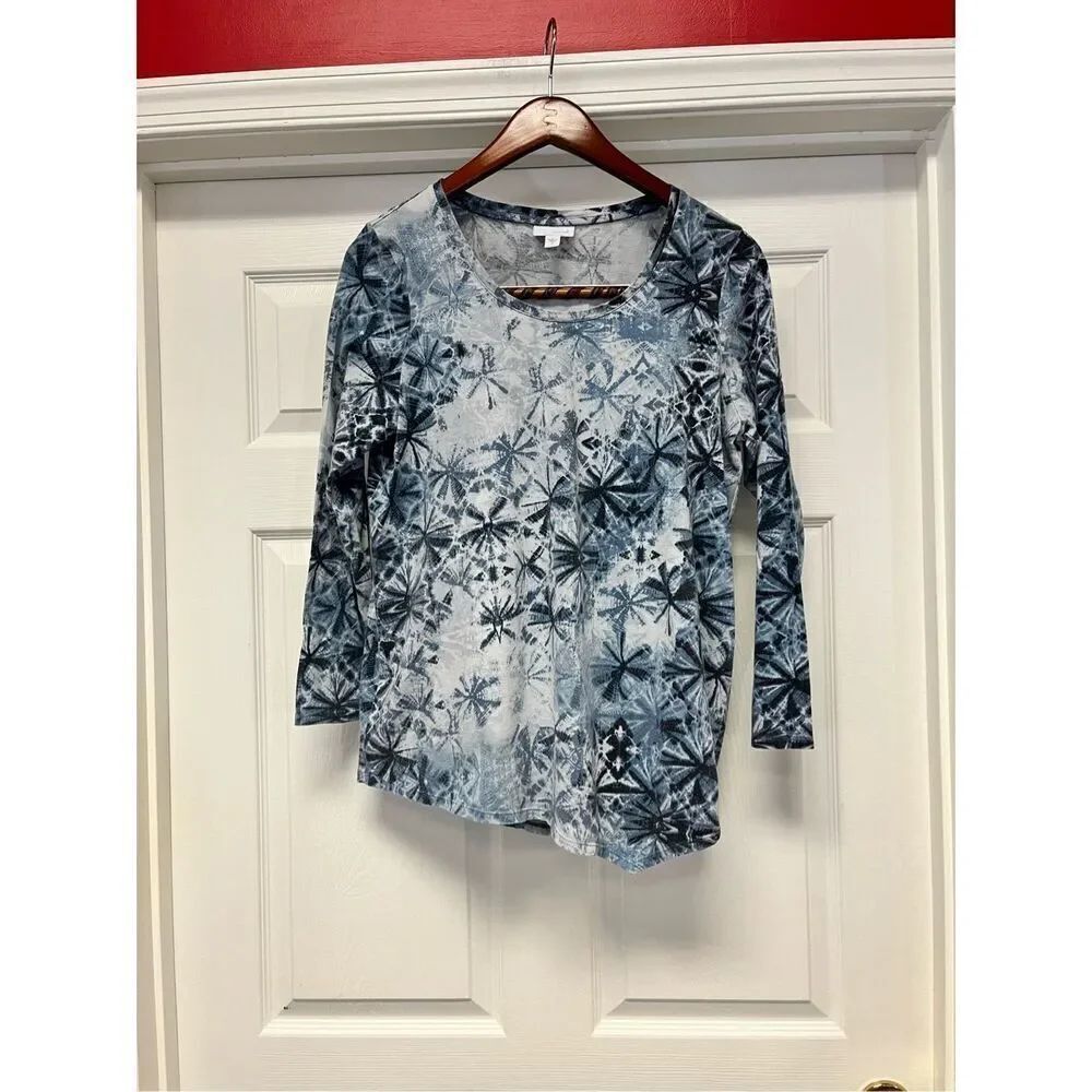 J. Jill Pure Jill Blue Print Angled Hem Long Sleeve Too sz M